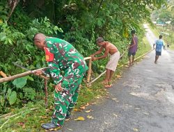Sambut HUT RI, Babinsa Bersama Warga Buat Pagar Kampung Napdori