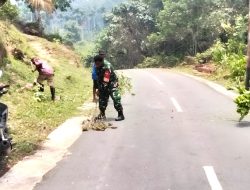 Babinsa dan Warga Bersihkan Sisa Pembabatan Rumput di Jalan Kampung Nermnu